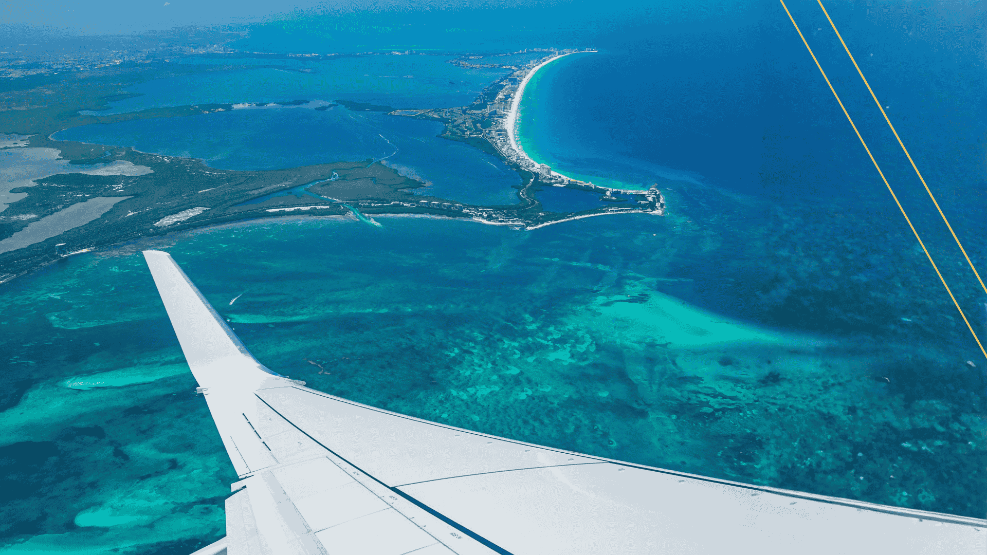 Aerial Caribbean view and Cancun beaches from Vuelatour flight